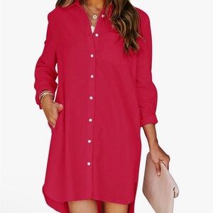 Dokotoo M NWOT RED 100% cotton long sleeve button down dress